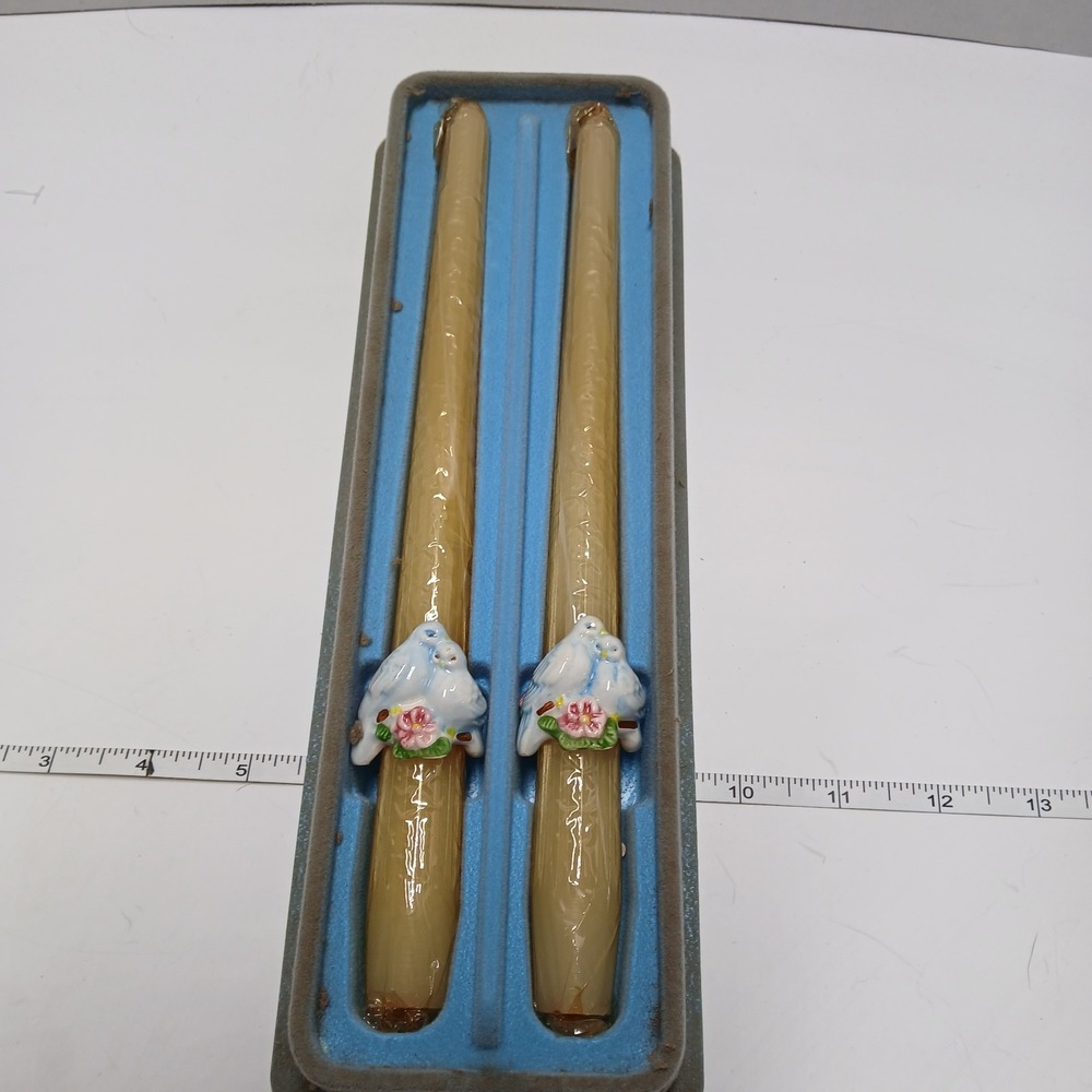 Avon Blue LoveBird 10" Taper Candles Ceramic Huggers Set of 2 Vintage New In Box
